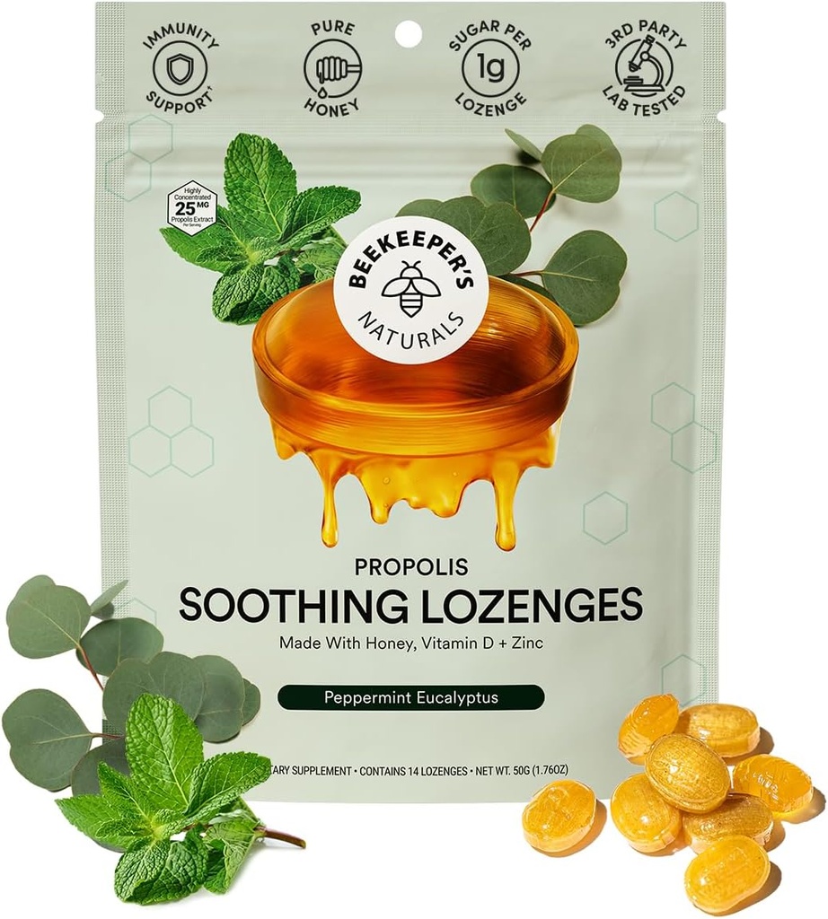 Beeager 's Naturals Soothing Menta Eucalyptus Cough Drops, Immune Support with Vitamin D, Cink and Propolis, Cooling & Throat Soothing Lozenges, 14 Ct