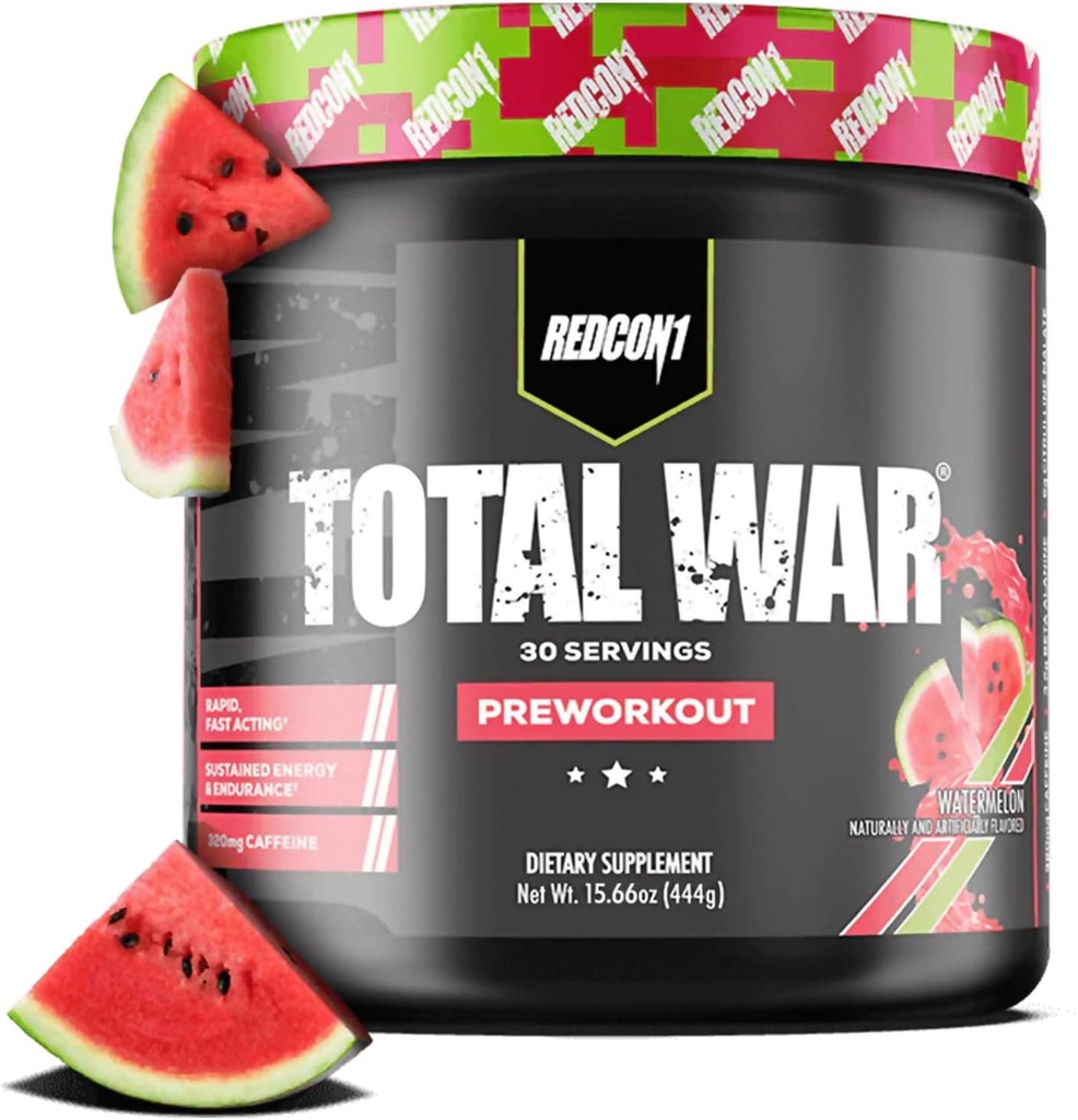REDCON1 Total War Pre Workout, Watermelon - L Citrulline, Ácido Malico, extracto de follas de té verde para o impulso da bomba Pre Workout para mulleres e homes - 3.2g Beta Alanina para reducir a exhaustividade (30 porcións)