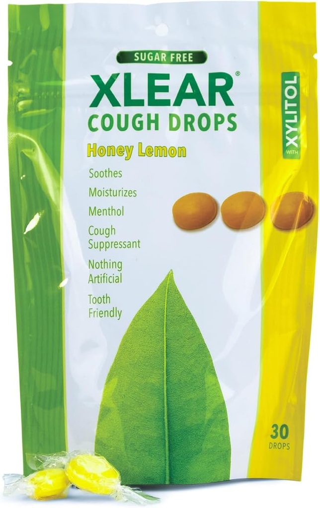 Xlear Xylitol Sugar-Free Cough Drops for Adults and Kids, Sugarless Dry Mouth Lozenges for Sore Throat Relief, Non-GMO, Gluten-Free, Natural Honey Lemon, 30 Count (Pack of 1)