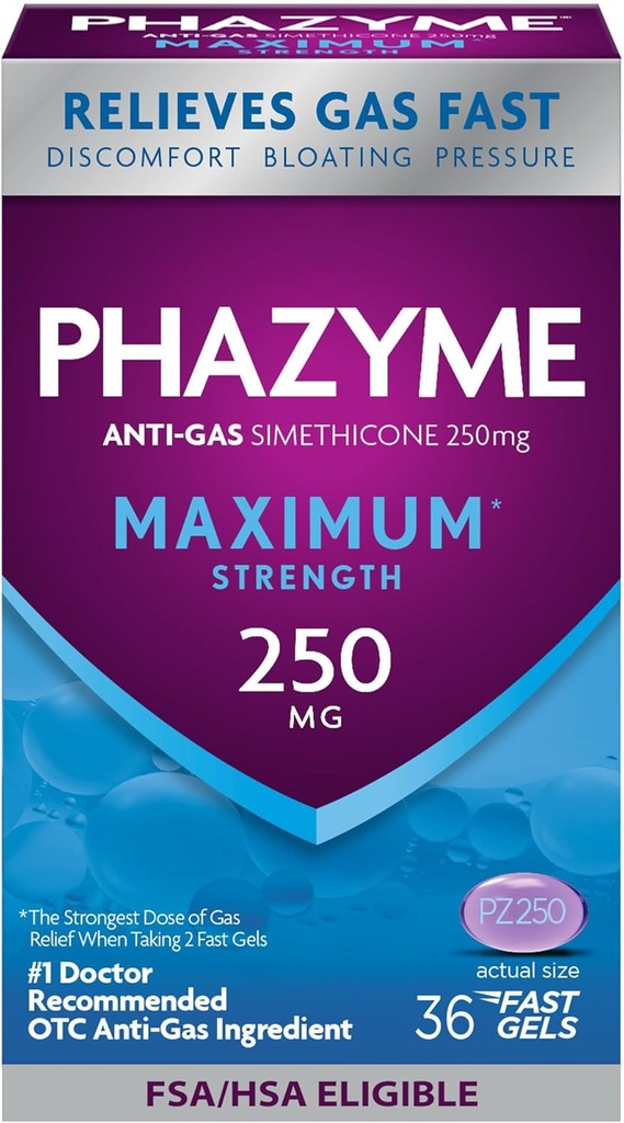 Phazyme Maximum * Síla Anti- Gas 250 mg Simethicone Gas Relief pro dospělé, Rychlé gely Rychlé pocení, Tlak & Nepohodlí, 36 Počet