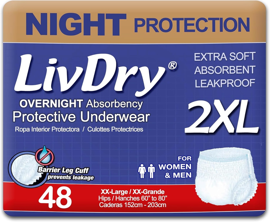 LivDry XXL Qadınlar və Kişilər üçün sonuncu Yetişkin Diapers, Incontinence Underwear, XX-Large, 48-Pack