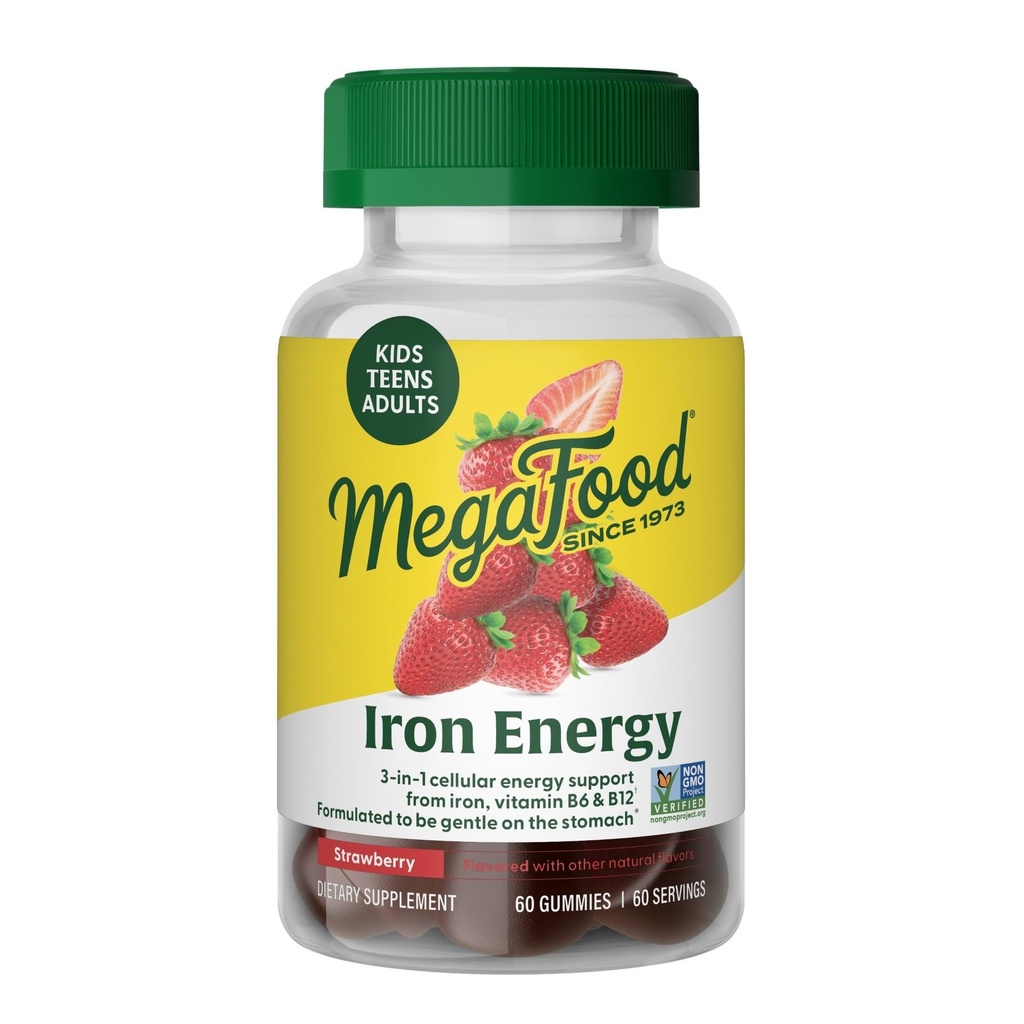 MegaFood Iron Energy Gummies, Iron Supplement for Women, Men, Teens & Kids with Vitamin B12 & B6, Vitamins, from The Makers of Blood Builder Supplement, Strawberry Flavor, 60 Count
