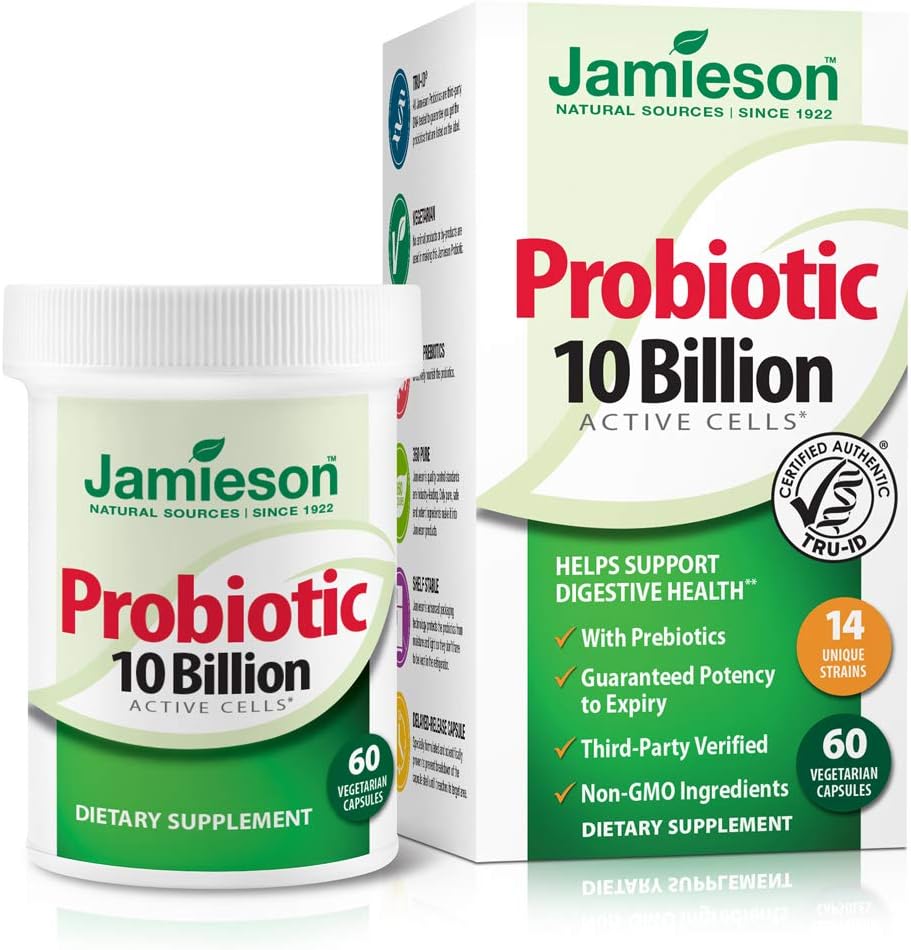 Probióticos Jamieson 10 Billion - suplemento diario probiótico para a dixestión, restauración da saúde intestinal e apoio inmune ao sistema - Probióticos para mulleres e homes (60 Count).