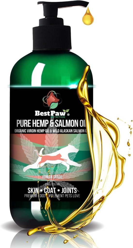 Grynas Hemp & Lašišų aliejus šunims ir katėms - Omega odos priežiūros taisymas pleiskanų, skrodimo, alergijos ir niežtinčios odos - Bendras priedas augintinių artrito - Odos ir odos papločių vitaminai gyvūnams Meilė - 8 oz
