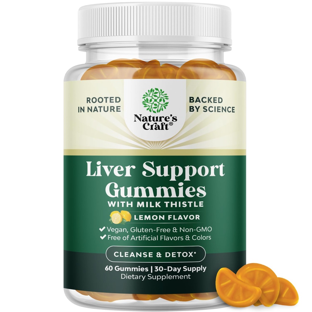 Natures Craft Cleansing Herbal Liver Detox Gummies Liver Support Milk Thistle Gummies with Artichoke Extract Turmeric Curcumin and L-Carnitine - Vegan and Non-GMO - Sweet Lemon (30 Servings)