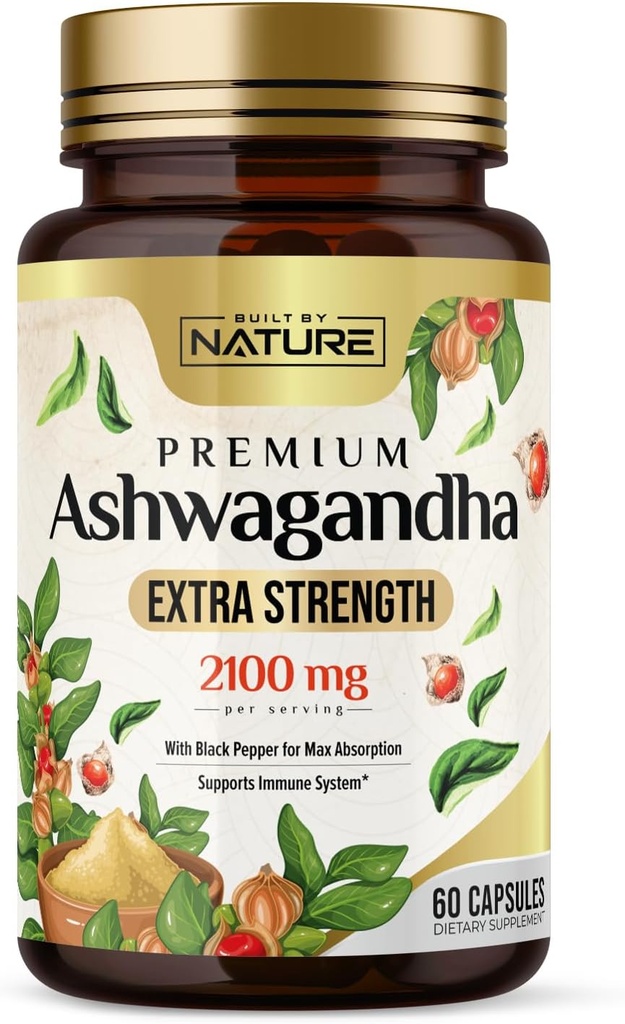 Construído pela natureza Ashwagandha 2100mg Extra força Stress alívio & apoio de humor com extrato de pimenta preta para Max Absorção - Não-GMO, Vegan, Gluten-Free - 60 Cápsulas