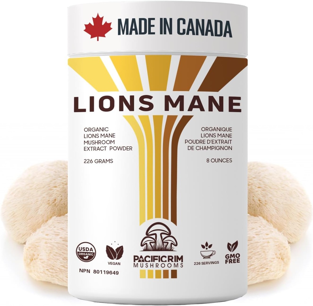 Leoni Mane Supplement Powder Ultra Strength 10:1 Organic Lions Mane Mushroom Supporting Memoria, Cognizione, Salute del cervello, 8 once / 226 Serve