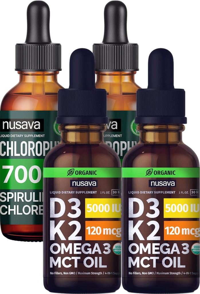 NUSAVA Unflavored D3 K2 Kapljice in klorofil tekoče kapljice paket - Močni tekoči vitamini za srce, skupno, energijo, in imunske podpore - Ne-GMO, Gluten-free, 2pk vsak