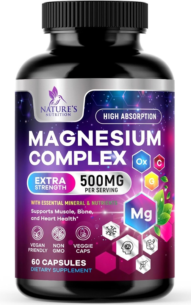 Magnesiumkomplex Supplement 500 mg - 5 i 1 High Absorption Chelated Magnesium Glycinate, Malate, Citrate, Oxide, Aquamin - Non-GMO Magnesio Capsules, Bone Muscle & Heart Health Support, 60 kapslar