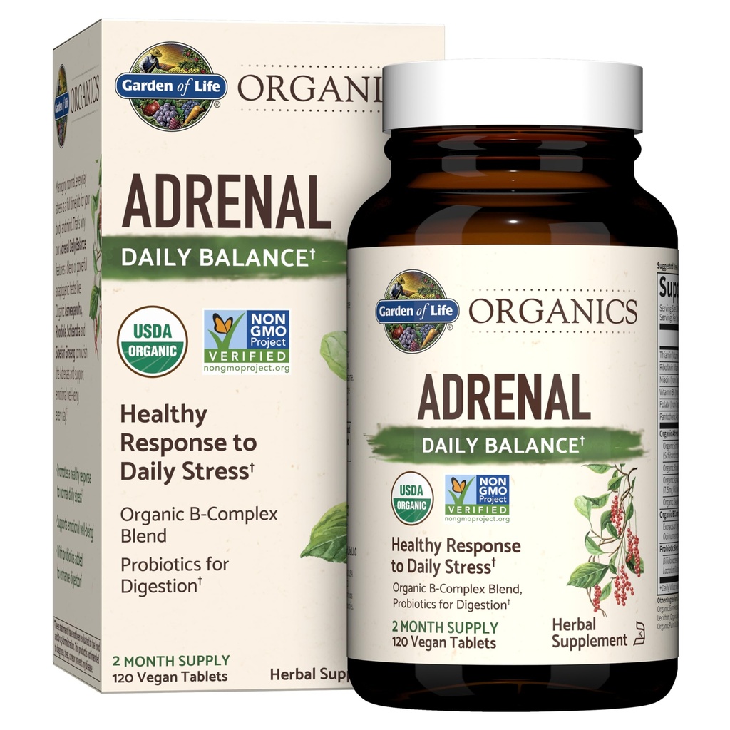 Garden of Life Organics Adrenal Daily Balance, Adaptogenic Herbs Ashwagandha, Holy Basil, B Complex & Probiotics, Organic Non-GMO, Vegan, Gluten Free Supplement, Two Month Supply, 120 Tablets