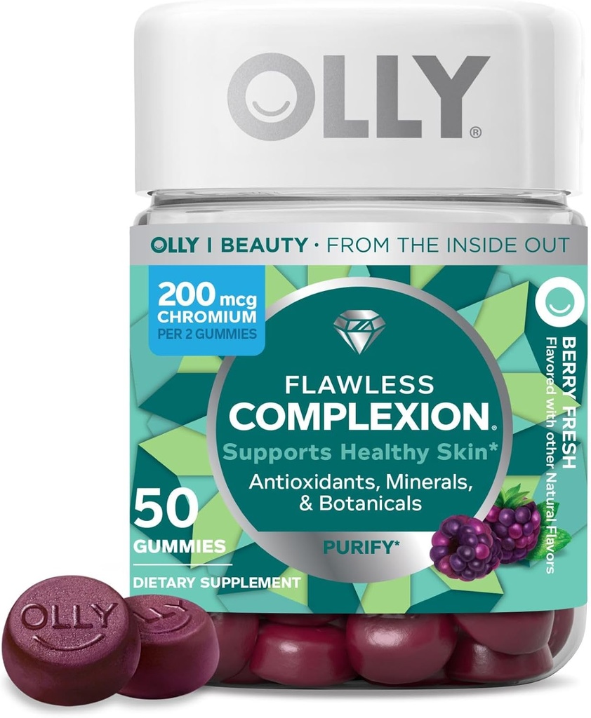 OLLY Fejlfri Kompleksion Gummy, Clear and Sund Skin Support, Vitaminer E, A, Zink, Chewable Supplement, Berry - 50 Greve (pakke med 1)