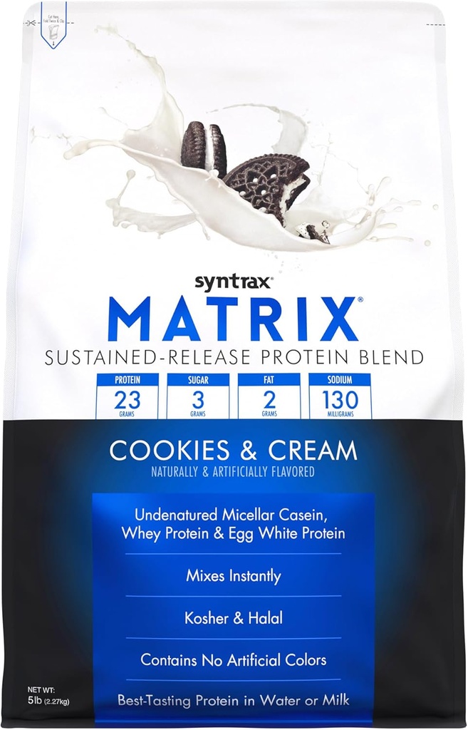 Syntrax Nutrition Matrix - Протеин за трайно освобождаване смес, Бисквитки и сметана 5 LBS. Real Cookie Pieces