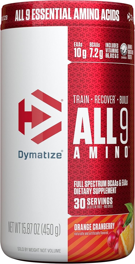 Dymatize All9 Amino, BCAAs-eko 7,2g, Espektro osoko Aminoazidoak Berreskuratzeko eta Optimal Muscle Protein Synthesis, Orange Cranberry, 30 zerbitzari, 15,87 Ounce