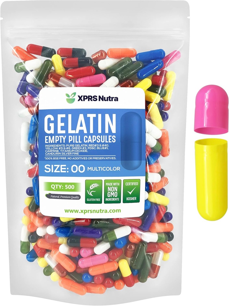 XPRS Nutra Size 00 Empty Capsules - 500 Count Empty Gelatin Capsules - Pill DIY Capsule Filling - Fillable Pill Gel Caps for Do-It-Yourself Supplements (Multi Color)