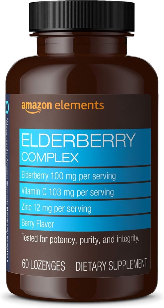 Elemente Elderberry Complex, Immunsystem Unterstützung, 60 Berry Flavored Lozenges, Elderberry 100mg, Vitamin C 103mg, Zink 12mg pro Servierung (Verpackung kann variieren)