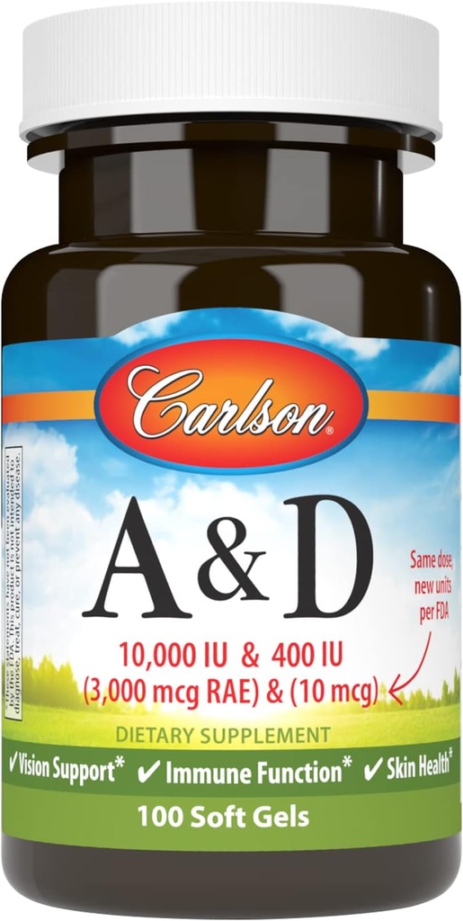 カールソン - A&D、10000 IU(3000 mcg RAE)ビタミンA、400 IU(10 mcg)ビタミンD3、ビジョンサポート、皮膚健康、100 ソフトジェル
