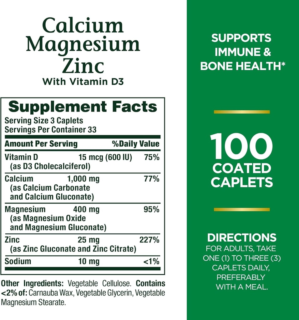 La natura Bounty Calci Magnesium & Zinc Caplets, Imne i suport a Bone, 100 comte (Pra de 2)