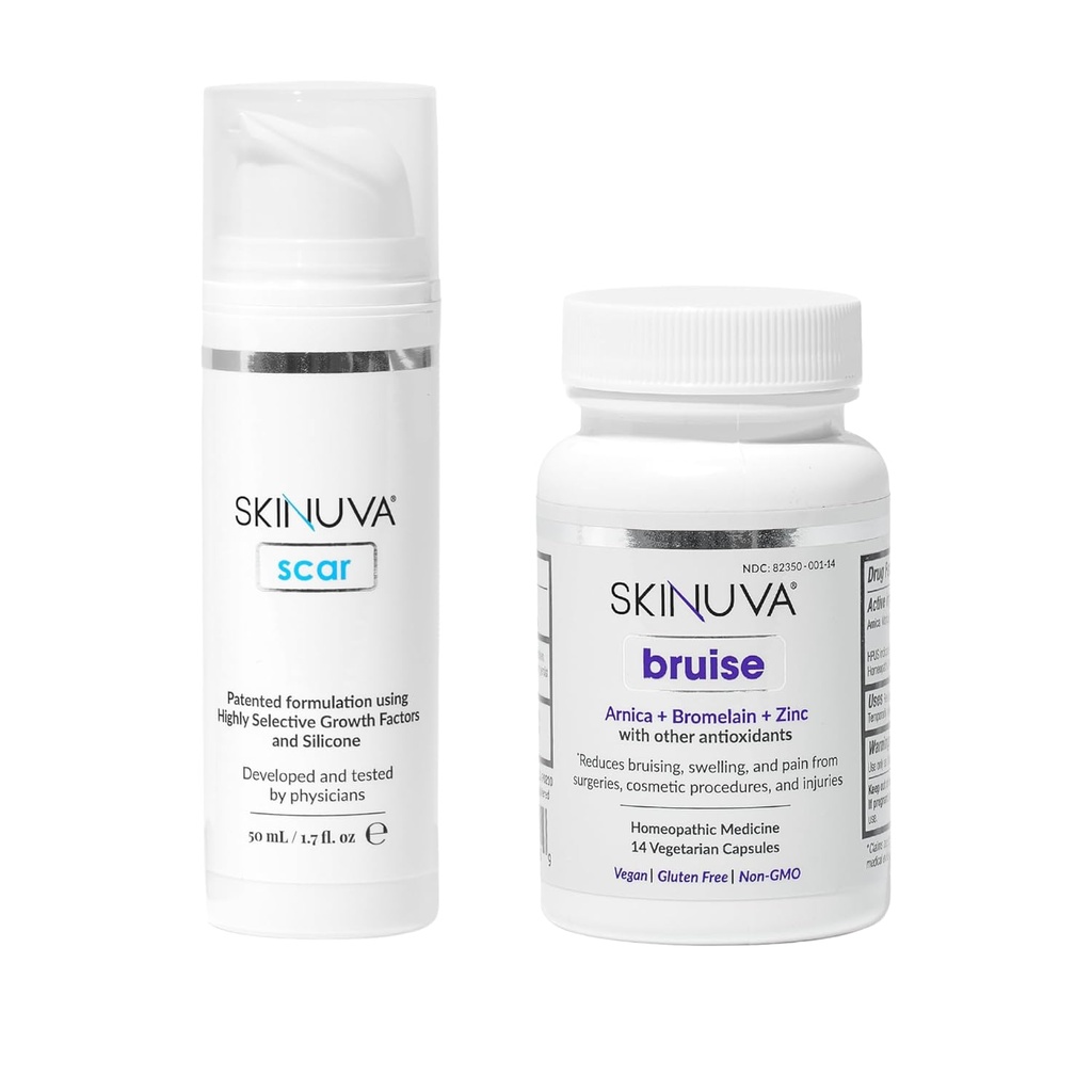 Skinuva® Scar (1.7 oz) & Bruise (14 capsules) - Advanced Silicone Cream Formulated with Growth Factors & Homeopathic Bruise Remedy Formulated with Arnica, Bromelain & Zinc