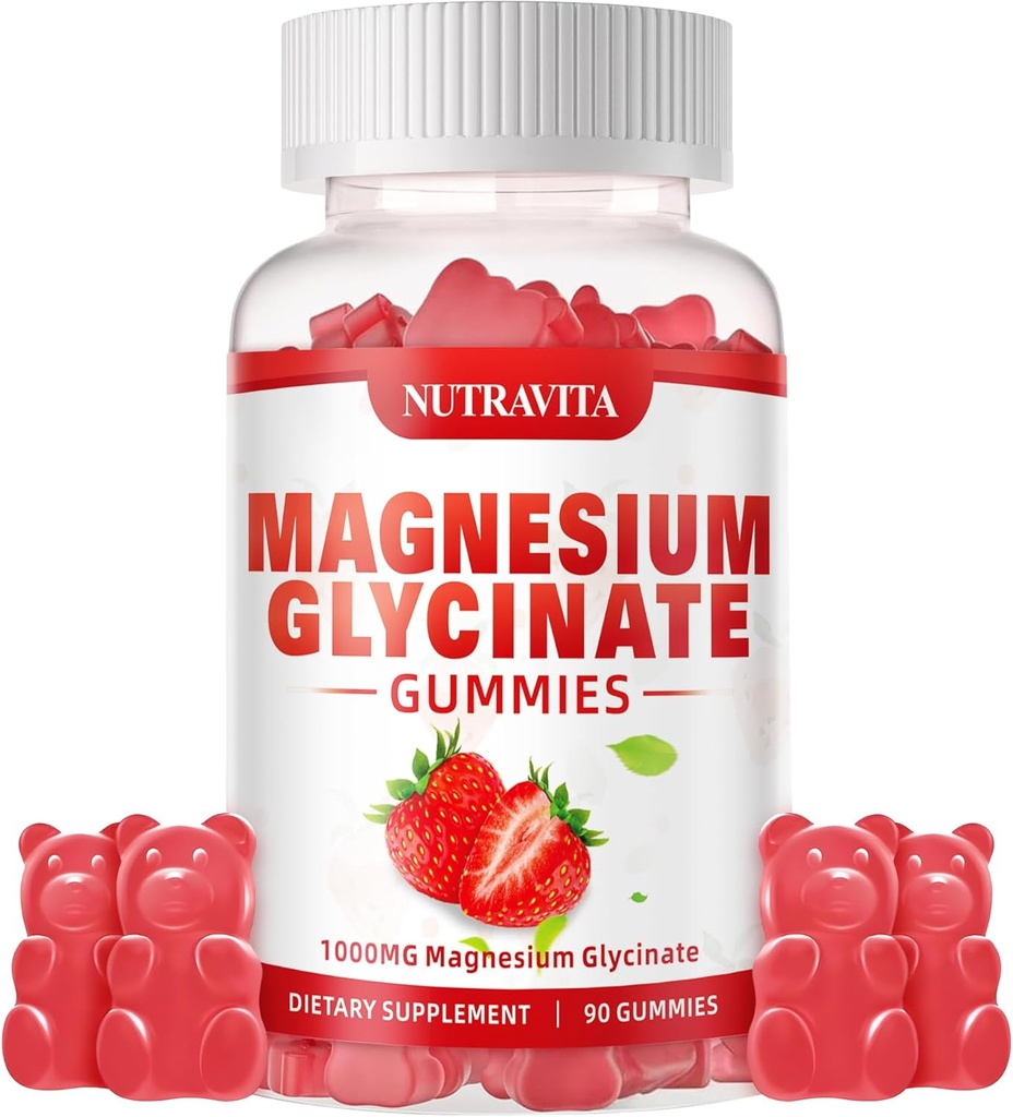 Magnezyum Glycinate Gummies 1000 mg with Magnezyum L-Threonate,Chelated Magnezyum Pyum Kompleksi ile VitD, B6, CoQ10,dis, Supports for Memory, Calm, Mood - 90 Gummies Strawberry
