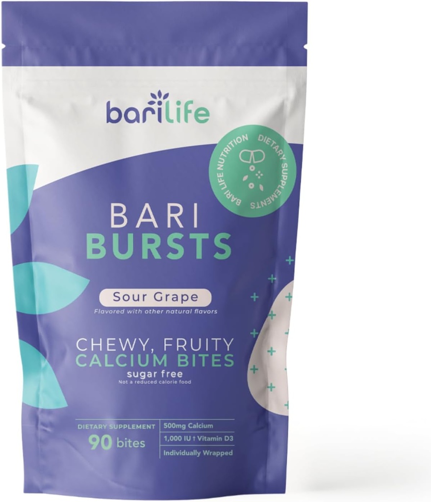 Calci Citrat Bariatric Calcci Chews amb 1000 IU Vitamina D3 - Ideal per a pacients Bariatrics - BariBurst per Bari Life (Sour Grape)