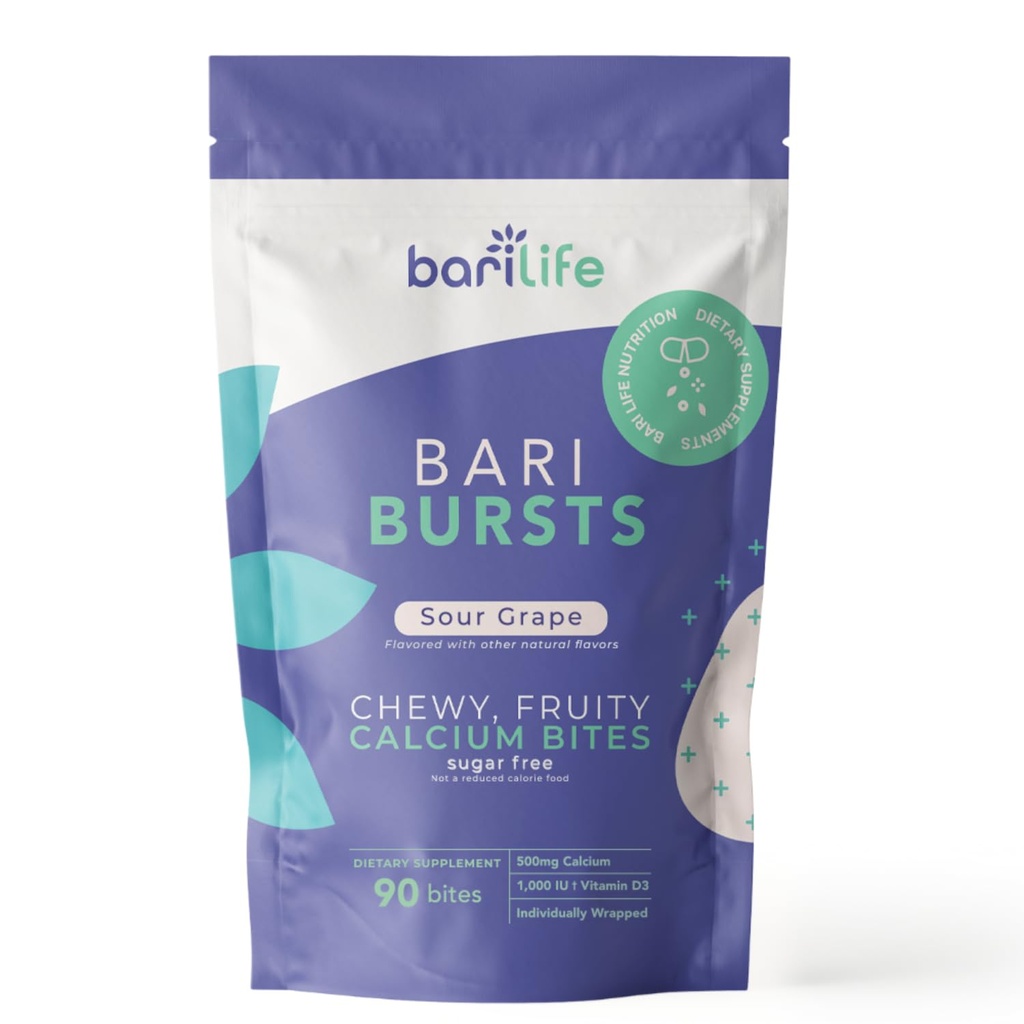 Calcium Citrate Bariatric Calcium Chews with 1000 IU Vitamin D3 - Ideal for Bariatric Patients - BariBurst by Bari Life (Sour Grape)