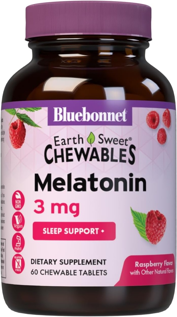 Bluebonnet Nutrición EarthSweet Melatonin 3 mg Fast-Acting Relaxación nocturna e soporte para o sono descansado - Axuda ao sono - Gluten-Free, Vegan - Raspberry Flavor - 60 Tablets Chewable
