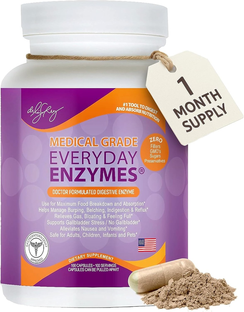 Dr. Liz Cruz Todos los días ENZYMES - Suplemento de digestión, Suplementos dietéticos, Superenzimas de grado médico, Bloating, Gas y Reflujo Alivio para Mujeres, Hombres, " Niños no GMO, 100 cápsulas vegetarianas