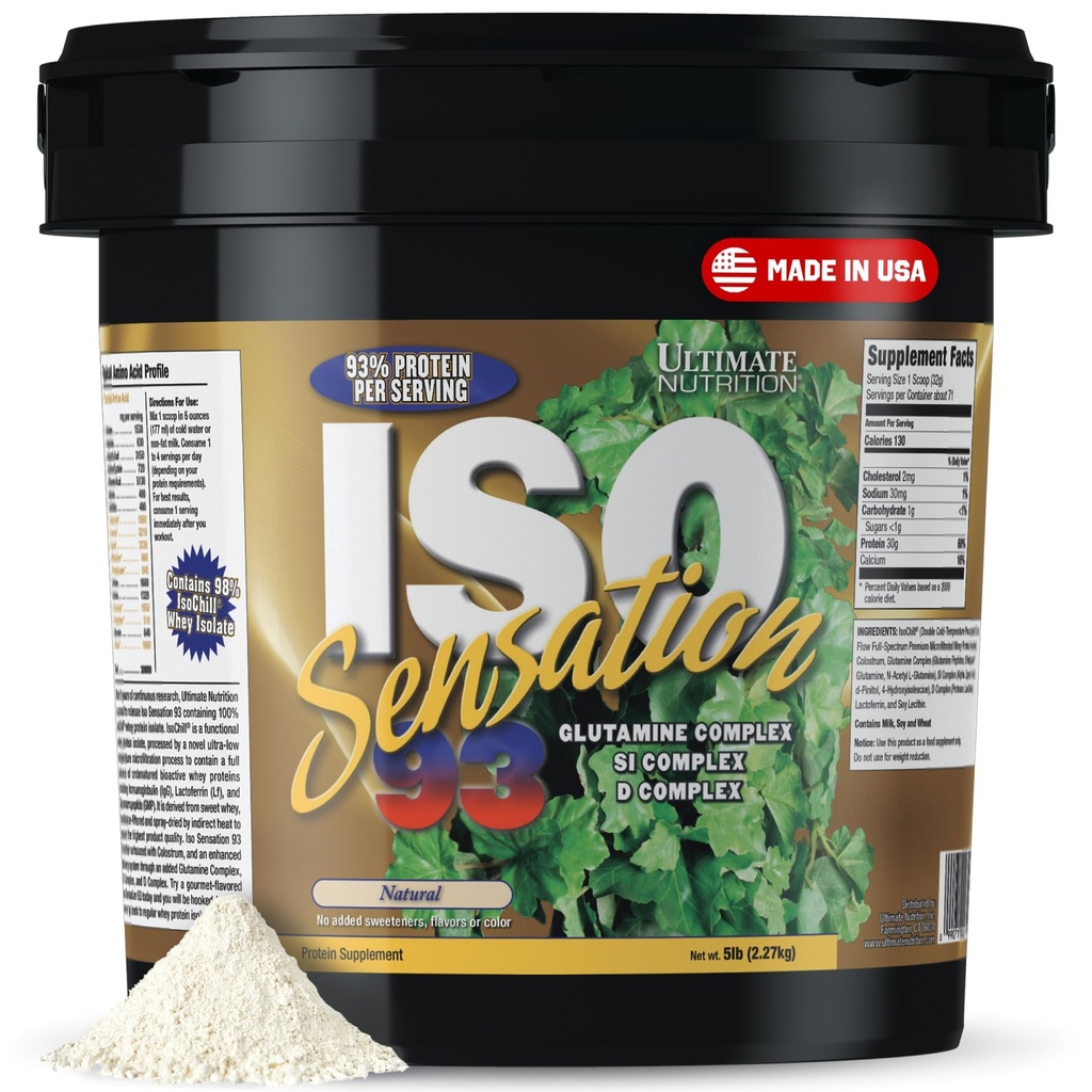 Ultimate Nutrition Whey Protein Isolate Powder with Glutamine Complex, ISO Sensation 93 - Whey Protein Powder with Added Colostrum for Enhanced Recovery, Immunity & Gut Health - Natural, 5lbs