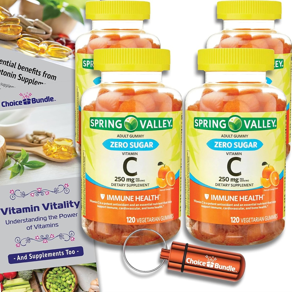 Choice Bundle Spring Valley Zero Sugar Vitamin C Gummies Suplemento dietético 250 mg 120 Ct 4 pk (480 Total) + Vitamin Guide & Pill Container (6 Artigos)!