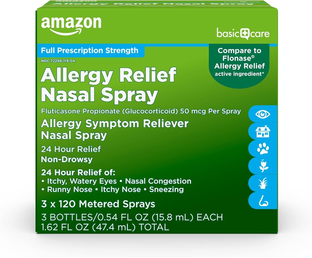 Basic Care 24- Óra Allergia Relief Nasal Spray, Flutikazon Propionate (Glükokortikoid), 50 µg, Teljes gyógyszerfelíró erő, Non- Drowsy, 1, 62 fl oz 0, 54 fl oz (3 darabos csomag)