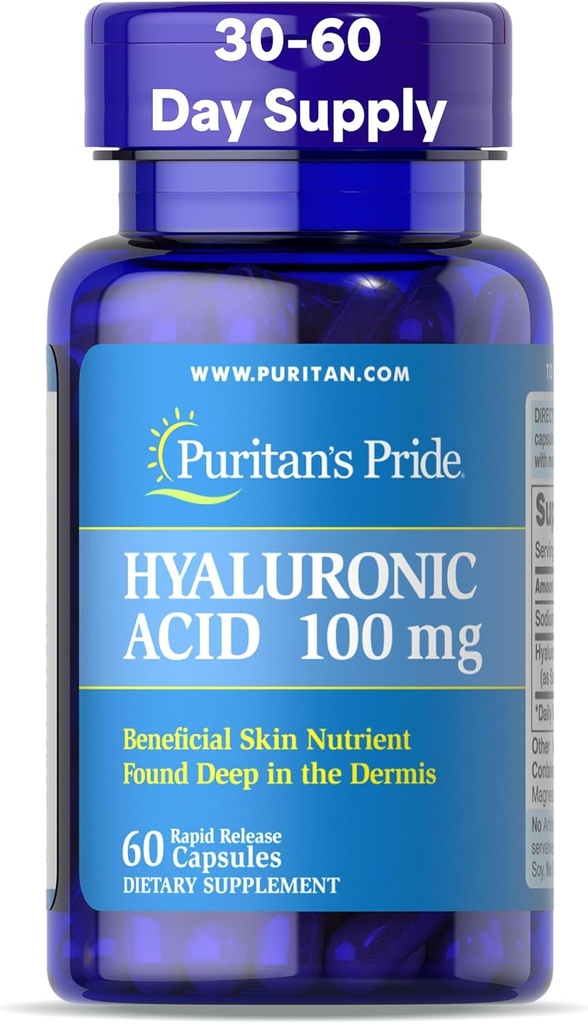 Puritans Pride Hyaluronic Acid 100mg, dodatek stravy pro hydrataci kůže, 60 Kapsle s rychlým uvolňováním