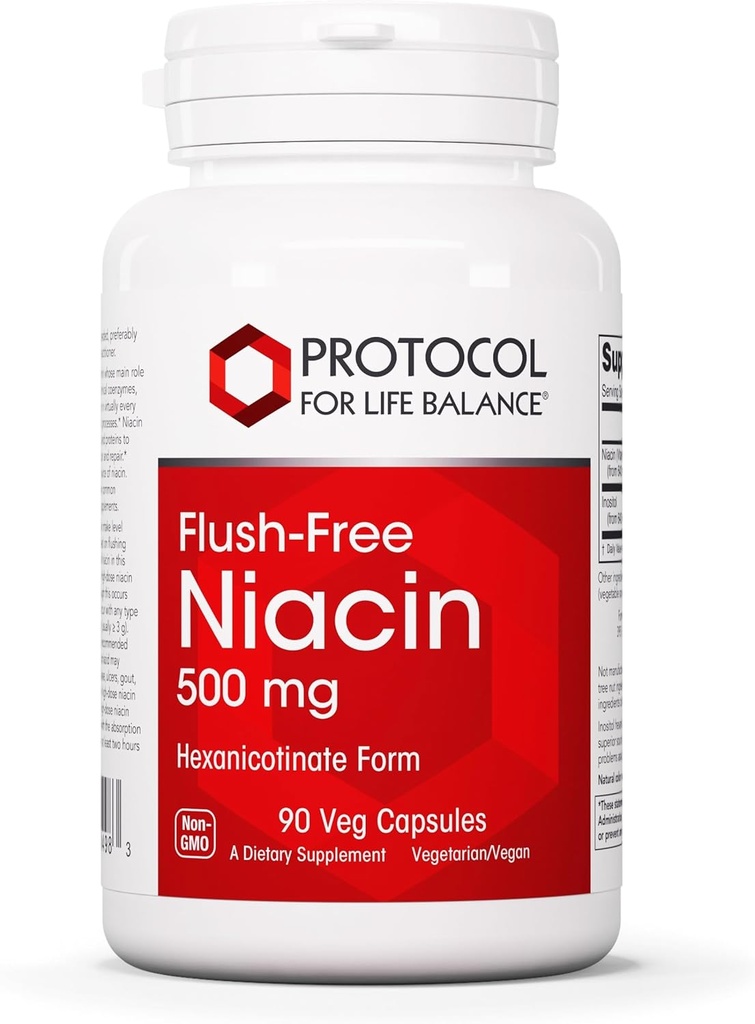 Protocol Niacin 500mg - Inositol Hexanicotinat - No Flush Niacin - Vitamin B3 - Energy & Metabolisme Support * - Vegan & Kosher - 90 Veg Caps