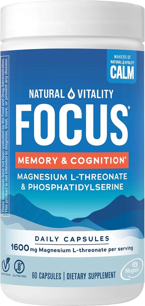 Natural Vitality Focus, Magnesium L- Threonát a Fosfatidylserin Nootropní mozkové doplňky pro paměť, Focus, a Cognition, Gluten Free, Vegetarian, 60 Kapsle