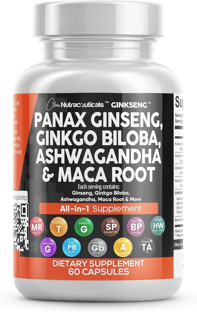 Clean Nutraceuticals Panax Ginseng Ginkgo Biloba Ashwagandha Maca Root - Fokus Ergänzung Pillen für Frauen und Männer mit Pine Bark Extract, Knoblauch, und Saw Palmetto - 60 Caps