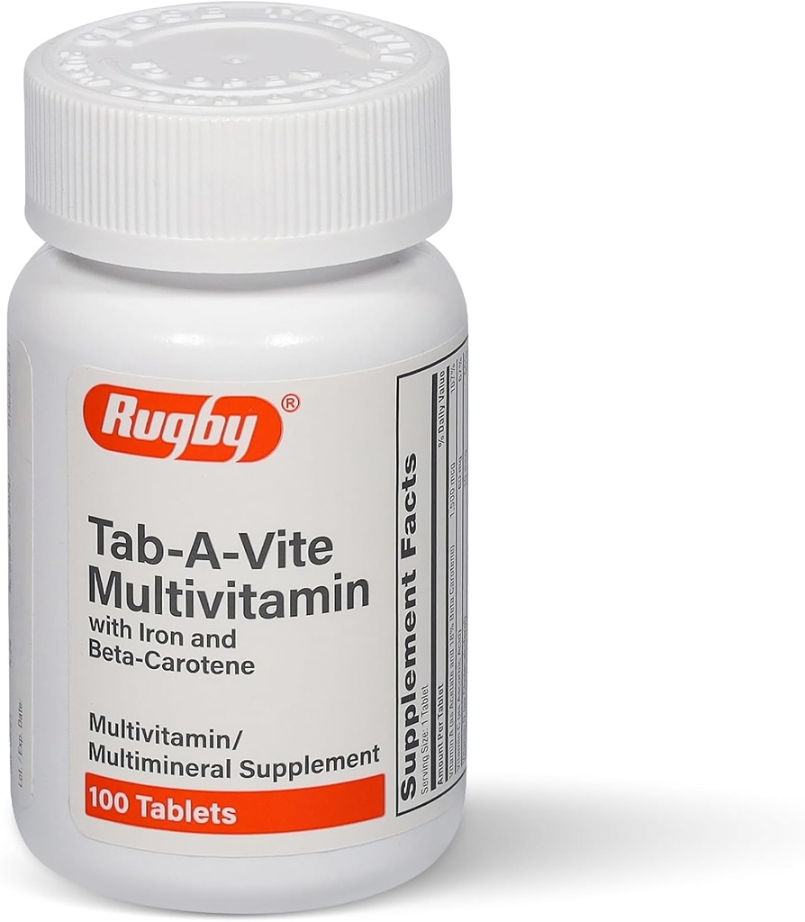 Rugby Tab-A-Vite Multivitamin med järn och Beta-Carotene - Daglig multivitamin för vuxna, stöder övergripande hälsa, multimineralt tillskott - 100 tabletter