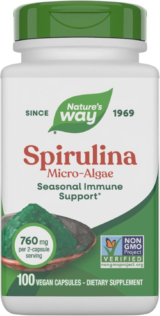 Nature's Way Spirulina Micro-Algae, Сезонна имунна подкрепа *, Източник на витамин А (Beta Carотин), 760 mg на Сервиз, 100 Веган капсули (Packaging May Vary)