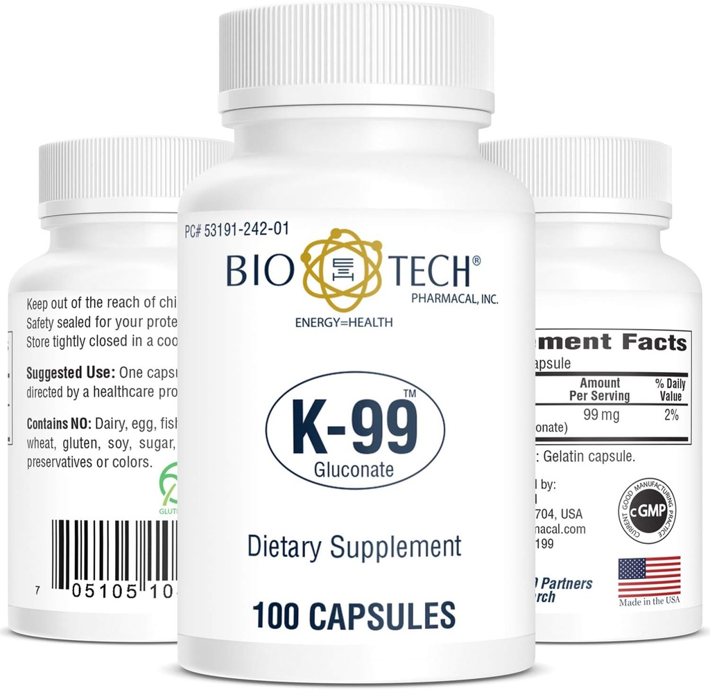 Bio-Tech Pharmacal Potassi Dietary suplementari (K-99 Gluconate, 100 comte)