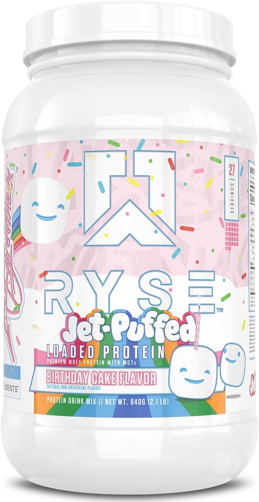 RYSE로드 된 단백질 분말 - 제트 퍼프 생일 케이크 - 25g Whey Protein Isolate & Prebiotic Fiber & MCTs와 농축 - 낮은 Carb, 낮은 설탕, 소화 - 친절 - 27 서빙 / 2 lb Tub