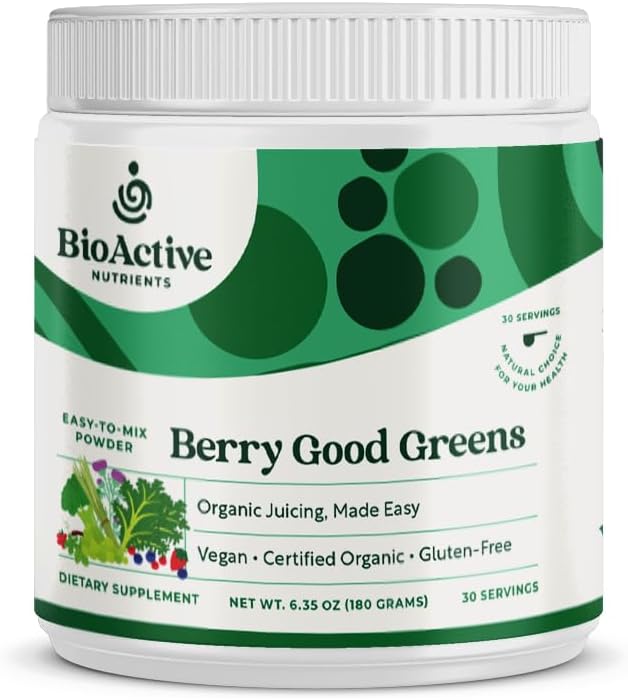 BIOACTIVE NUTRITES: Berry Good Greens - Superfood Powder - 30 Servings - 100% USDA Organic non-GMO Vegan Supplement, auttaa lisäämään energiaa, detox, terve aineenvaihdunta, koko ruoan ravitsemus