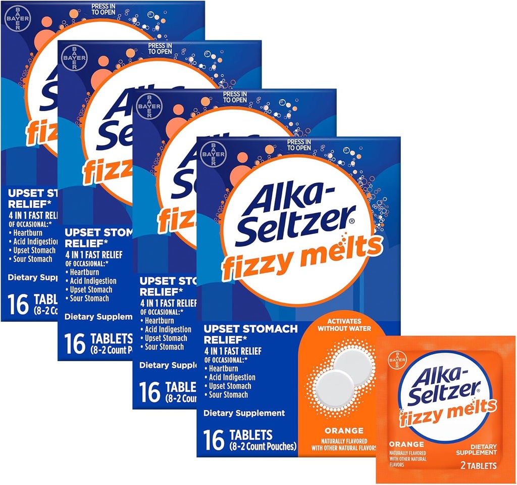 Alka-Seltzer Fizzy Melts, Dissolve on Tongue, No Water Need, On-The-Go Dietary Tablets, Heartburn and Acid Indigestion*, Orange Flavor, 64 Count
