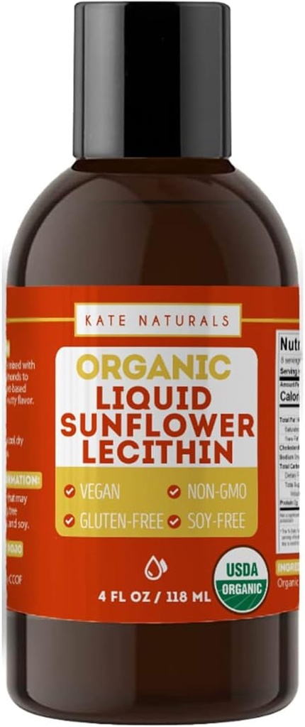 Kate Naturals Sunflower Lecithin Liquid Sukaldaritza eta Bakingerako. Liquid Lecithin Gummies, Smoothies & Lactation Supplement (4oz, Organikoa, Vegan, Gluten-Free)