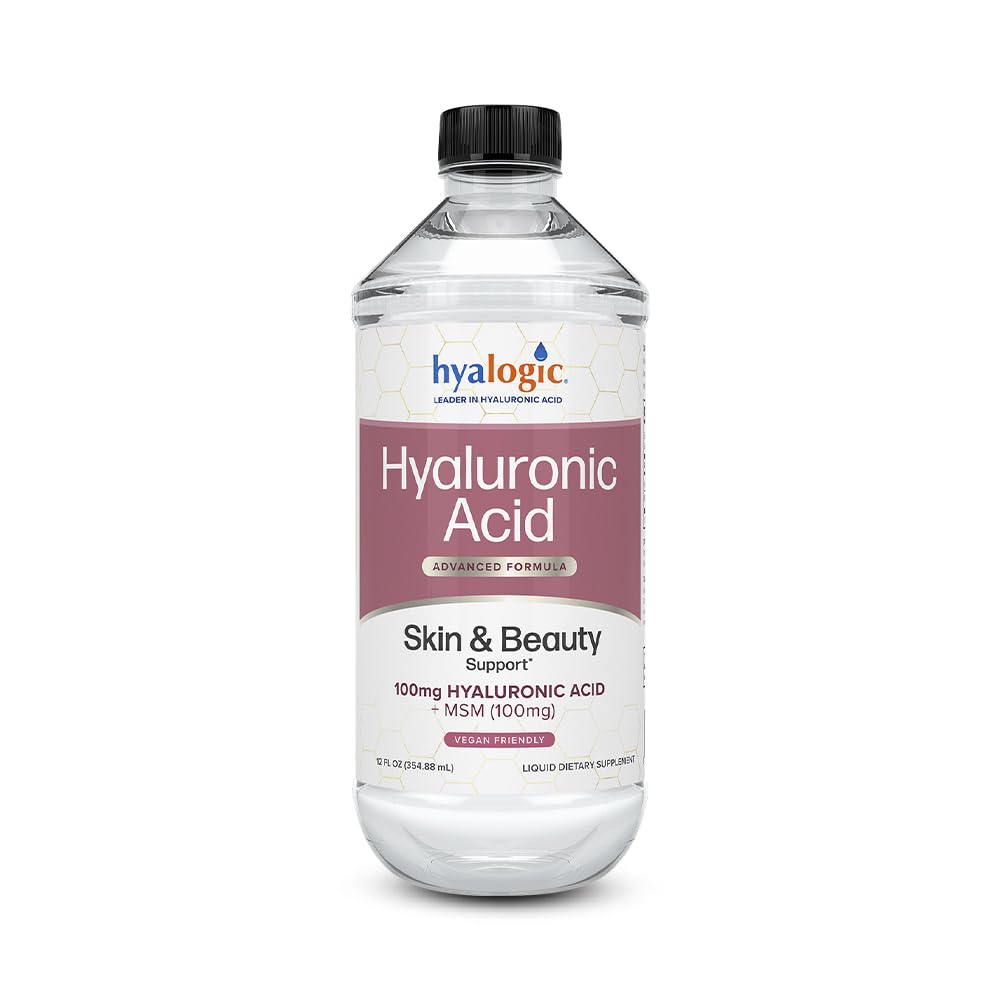 Hyalogic Liquid Hyaluronic Acid Supplement - Ingestible Skin Support with 100mg HA and 100mg MSM - Natural Hydration for the Face, Eyes and Lips - High Molecular Weight Formula - 12 oz