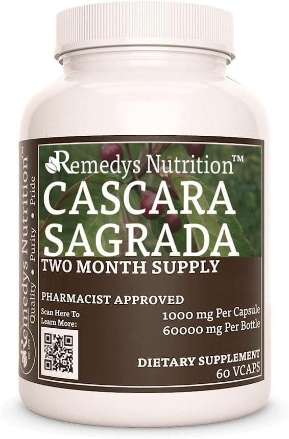 Remedys Ernährung Cascara Sagrada | 1.000 mg, 60 Vegan Kapseln pflanzliche Nahrungsergänzung | Zwei Monate Versorgung