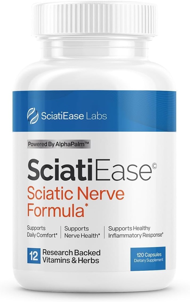 SciatiEase Sciatic Nerve Health Support Supplement - Närvitoe valem AlphaPalm, herne, B-vitamiini kompleks, alfa-lipohape 300mg - 120 kapslit