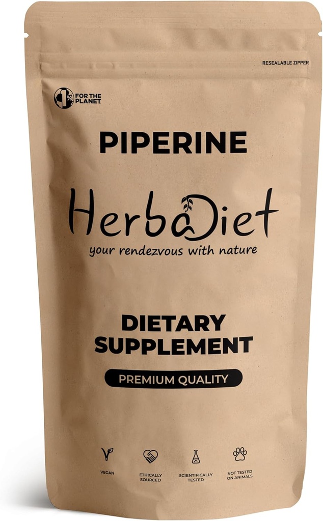 Herbadiet Piperine 95% Powder → 黑辣椒提取粉末 95% 由 Hplc → 生物利用率增强器, Boosts Nutrients Uptakes → Gluten Free, Non-GMO Bulk Supplement(0.35 oz / 10 gm)制成.
