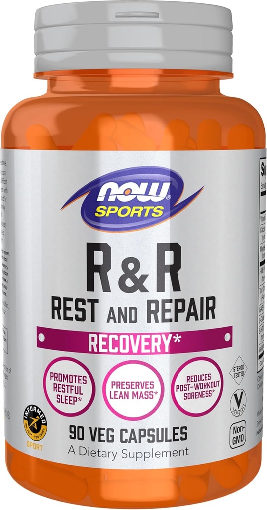 NOW Foods Sports Nutition, R & R Rest and Repair, Recovery *, Promotes Restful Sleep *, Preserve Lean Mass, Reduces Post-Soreness *, Vegan, NGMO, 90 Veg Capsules