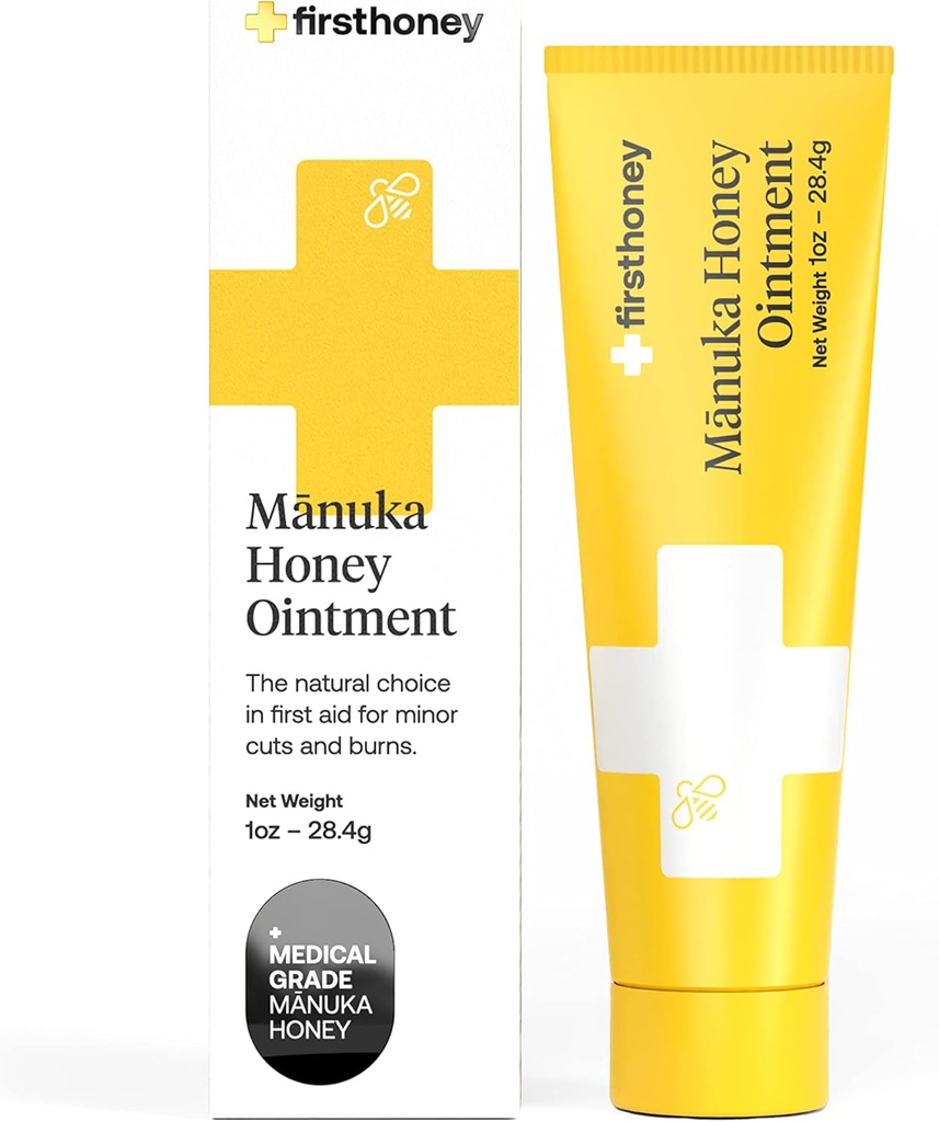 Перший Мед Злягання Цілує Мазь [ 1oz - 28.4g ] 100% Активний Leptospermumary Fast Relief & Skin Repair Manuka Мед з Нової Зеландії Антибіотичний спалювання Догляд, Scar Gel, Dressing Aid