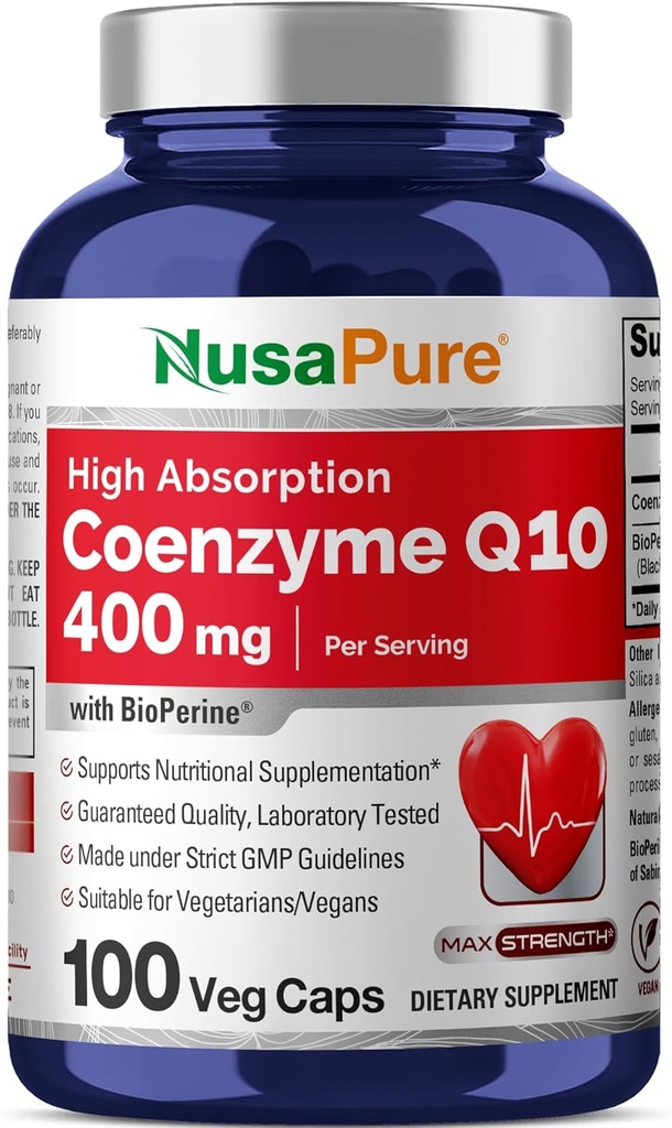 NusaPure CoQ10 400mg 100 Veggie Caps (Vegan, Non- GMO) Koenzym Q10 dodatek, Antioxidant COQ-10 enzym, Coq 10