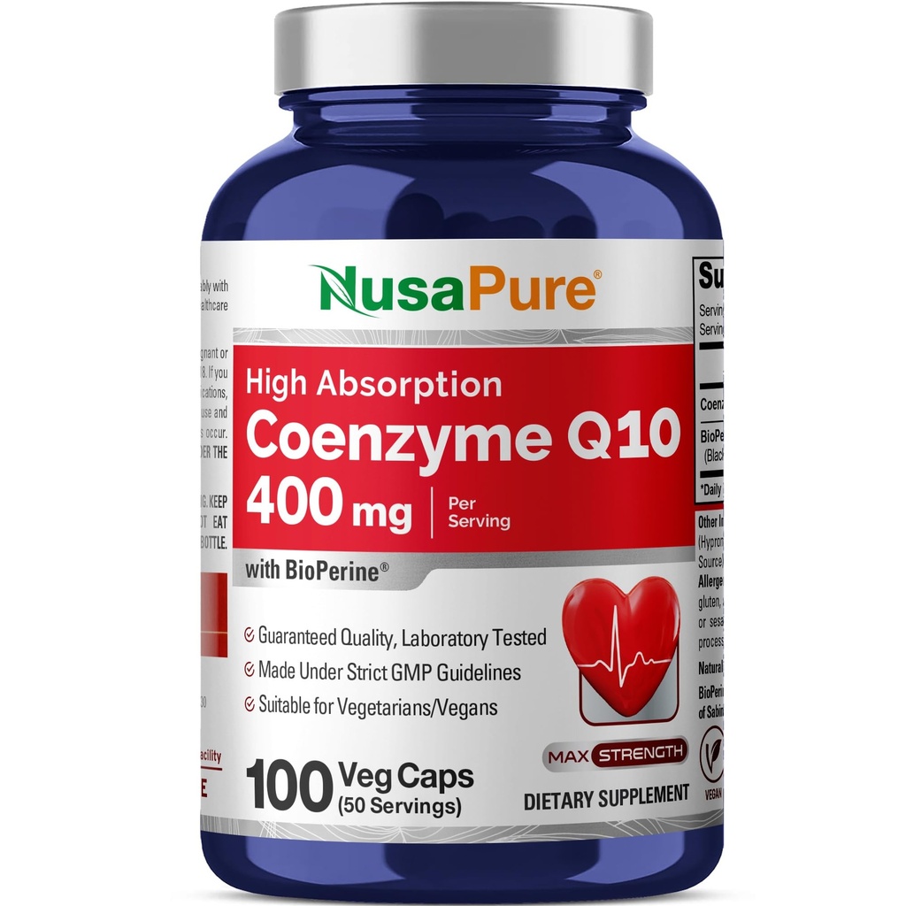 NusaPure CoQ10 400mg 100 Veggie Caps (Vegan, Non-GMO) Coenzyme Q10 Supplement, Antioxidant COQ-10 Enzyme, Coq 10