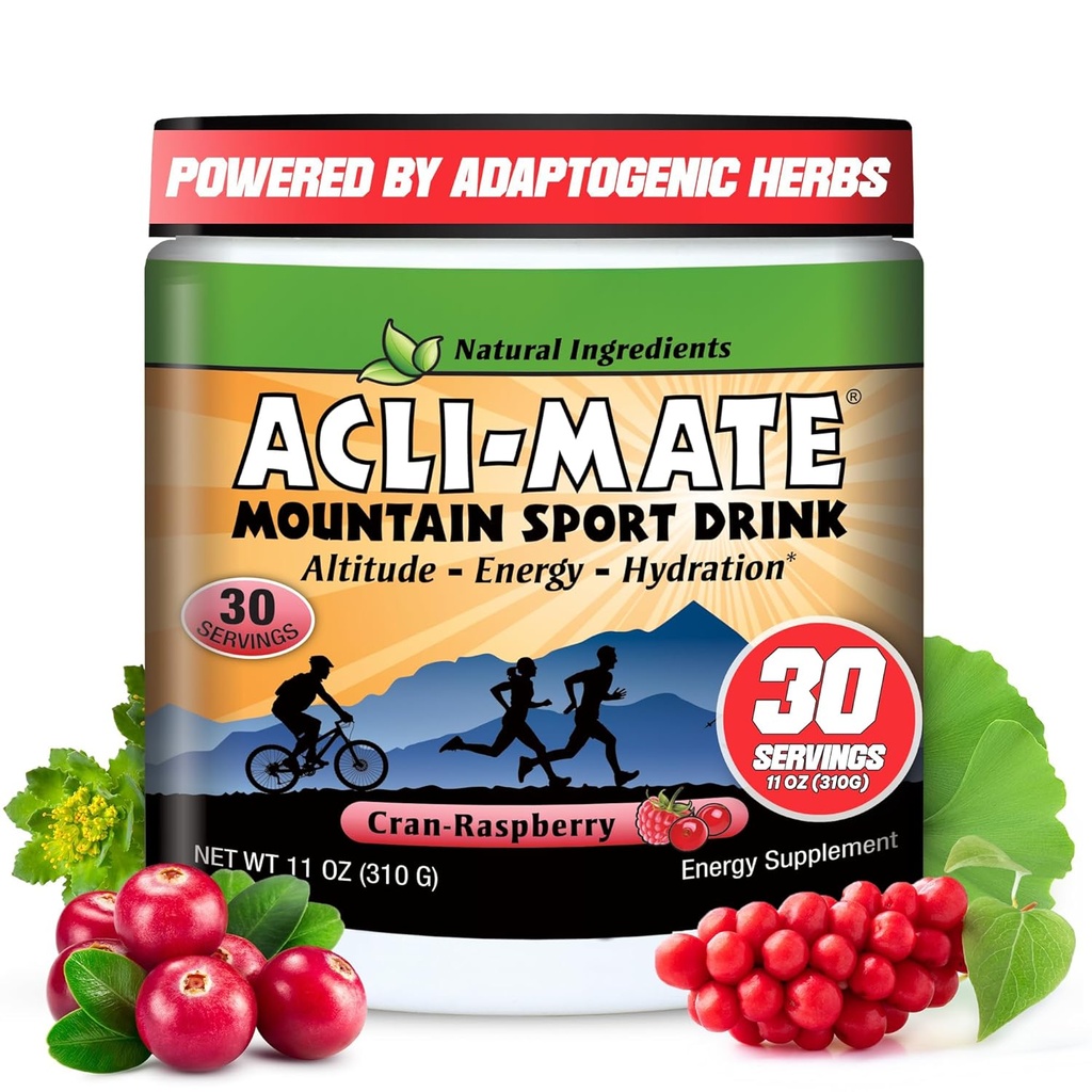 Acli-Mate Mountain Sport Пити суміш - Висока чіткість Acclimatization Electrolytes порошок - Energy Powder Mix - Відновлення Hydration Пити для бігу, походів, велосипедів, подорожей та багато іншого (1 Tub, CranRaspberry)